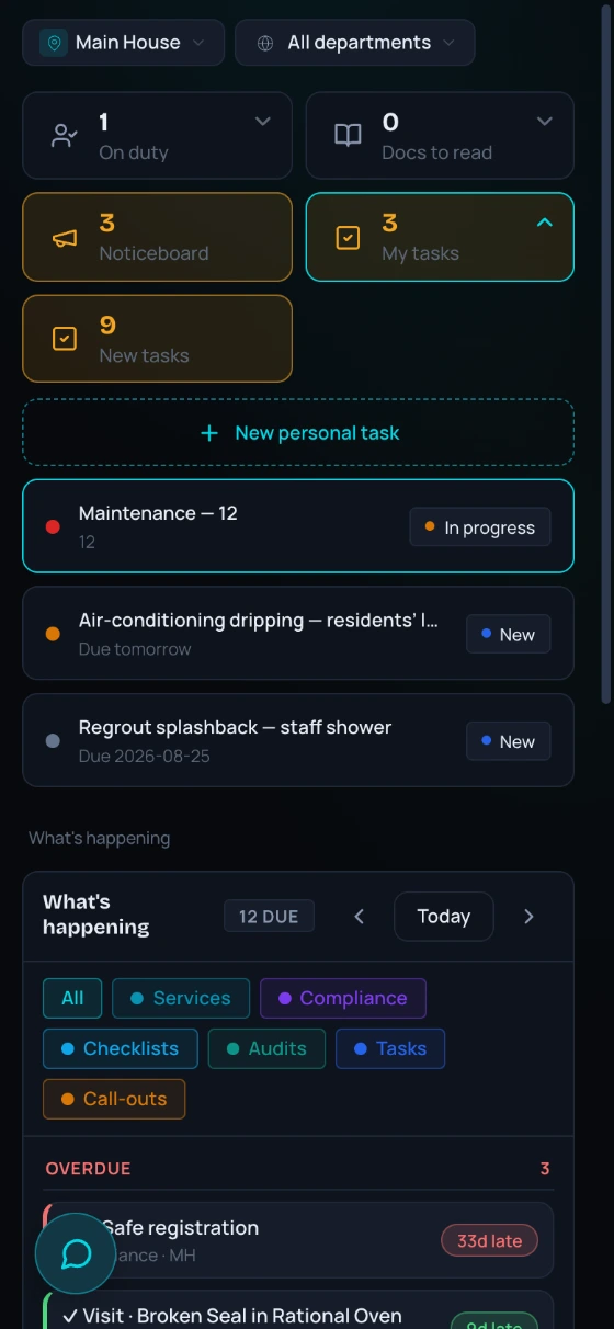 The Angel Hub dashboard on a phone — your own task list at the top with an in-progress room job, who’s on duty, noticeboard and docs-to-read tiles, and the due calendar with its overdue section flagged in red