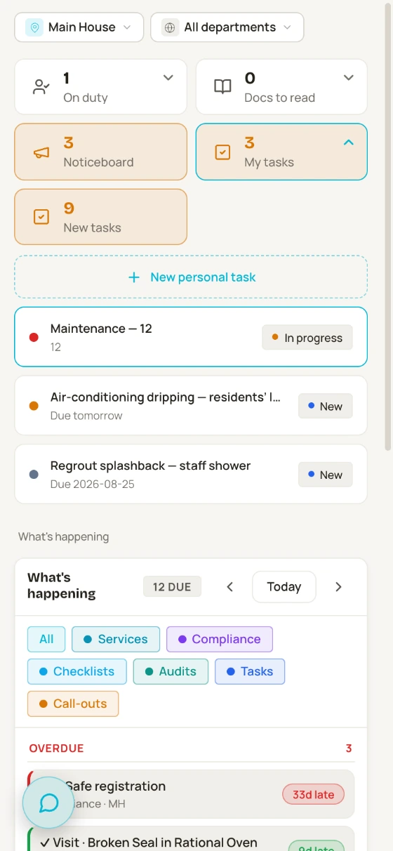 The Angel Hub dashboard on a phone — your own task list at the top with an in-progress room job, who’s on duty, noticeboard and docs-to-read tiles, and the due calendar with its overdue section flagged in red