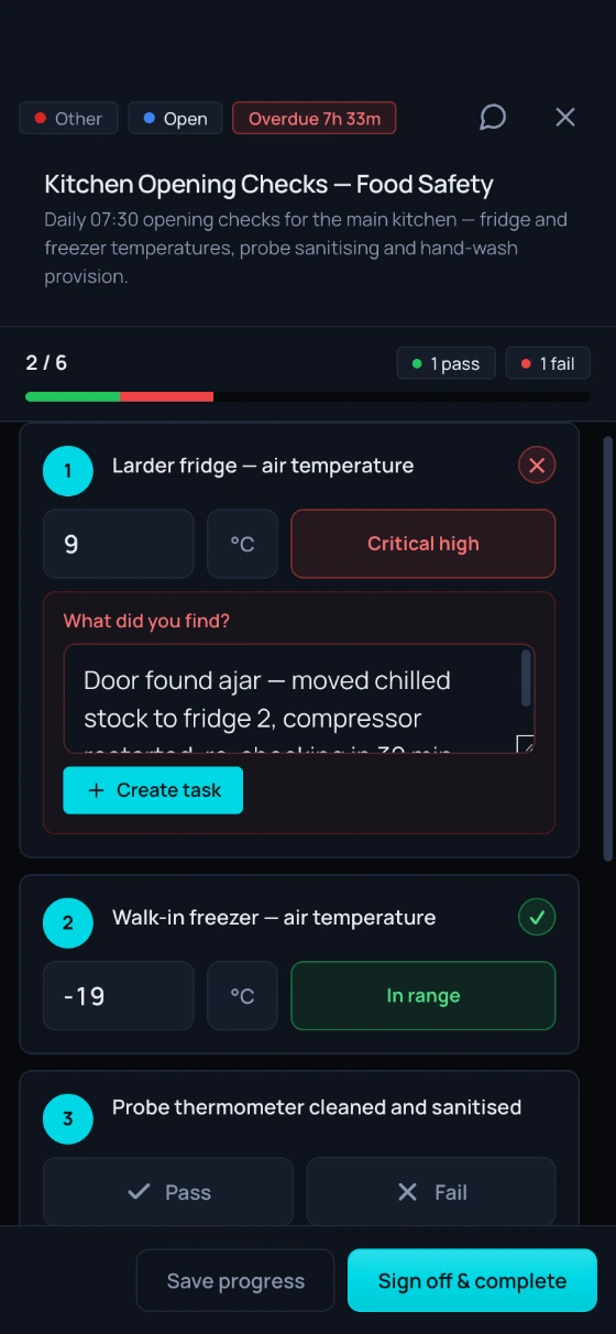 The kitchen opening checks running on a phone — the larder fridge air temperature reads 9°C and shows Critical high in red because it is outside the safe range set for it, with a Create task button right inside the failed check