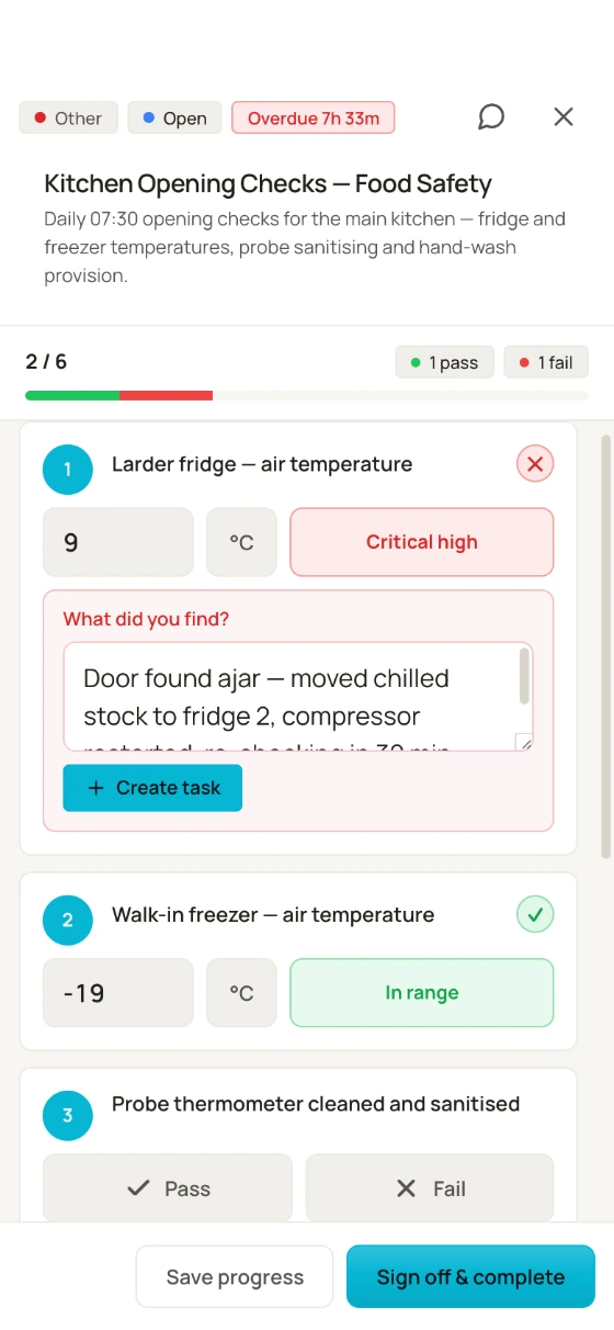 The kitchen opening checks running on a phone — the larder fridge air temperature reads 9°C and shows Critical high in red because it is outside the safe range set for it, with a Create task button right inside the failed check