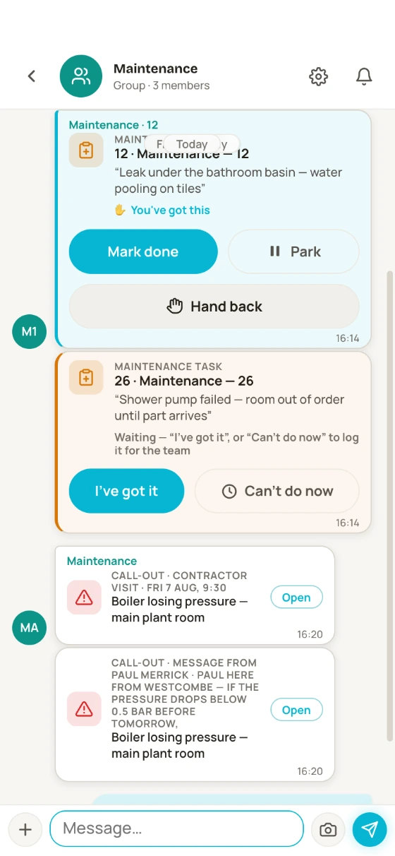 The Maintenance chat on a phone — the room 12 leak as a claimed job card with Mark done and Hand back buttons, a second job still waiting for someone to tap I’ve got it, and the boiler call-out below with the contractor’s visit booking and message
