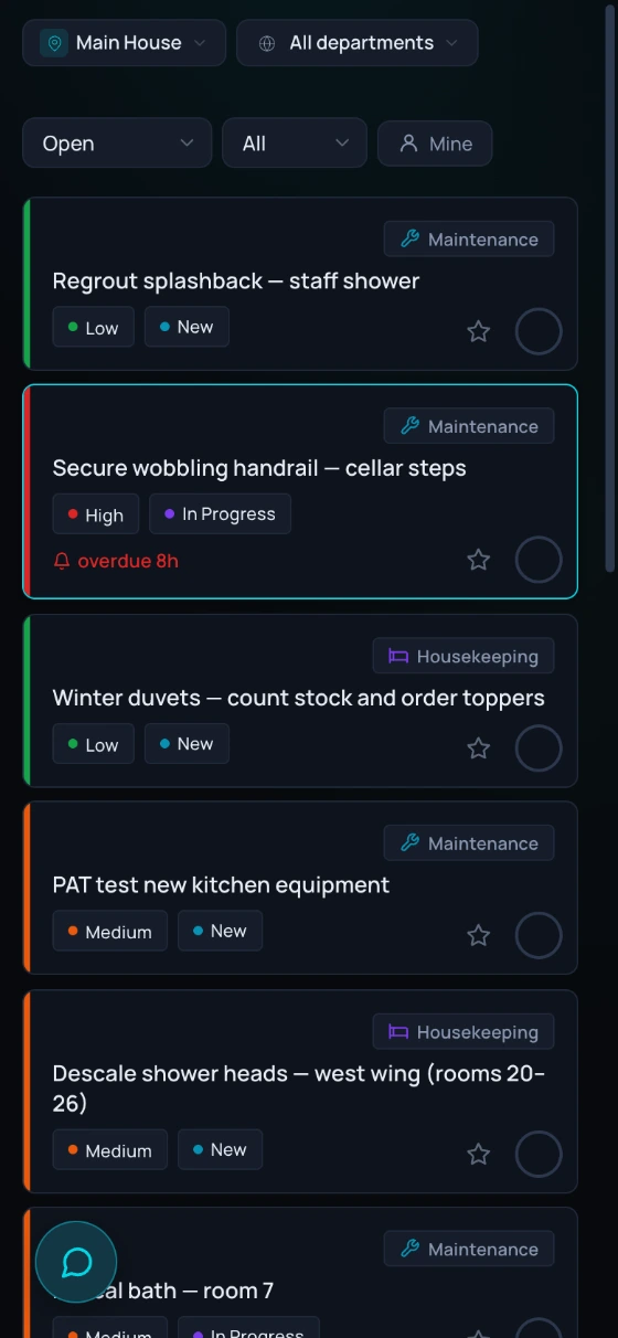 The task list on a phone — every card shows its department, priority and stage, one flagged overdue in red, with the Mine filter one tap away at the top