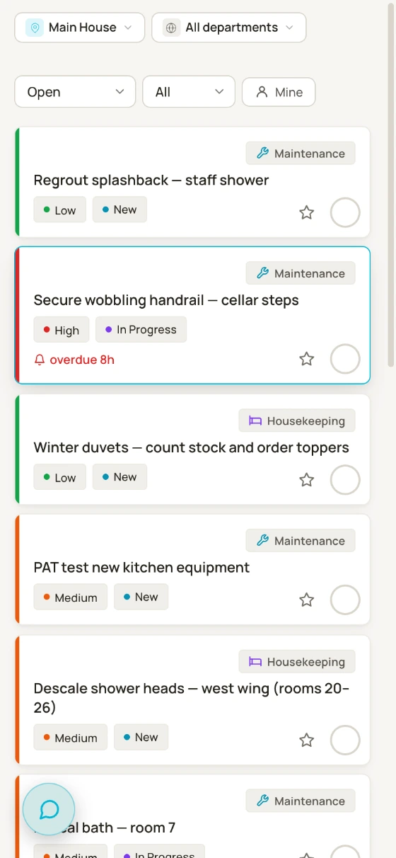 The task list on a phone — every card shows its department, priority and stage, one flagged overdue in red, with the Mine filter one tap away at the top