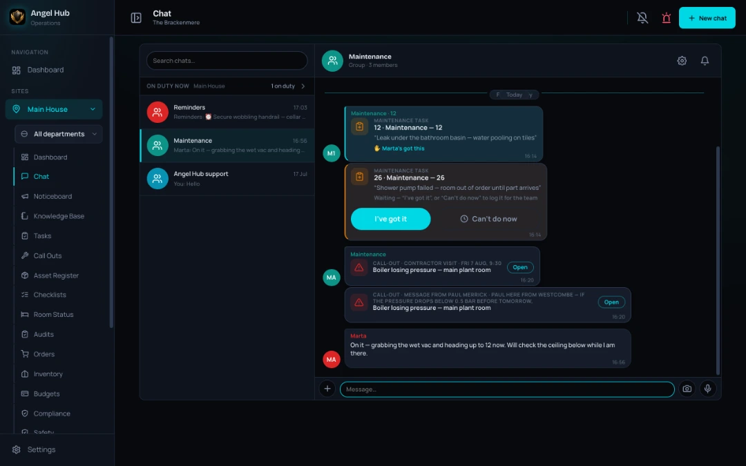 Chat on a desktop — the room 12 leak card claimed by Marta, a second job card still waiting for I’ve got it, the boiler call-out with the contractor’s own booking and message, and who’s on duty shown above the thread list