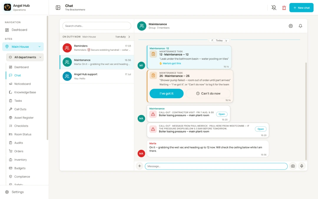 Chat on a desktop — the room 12 leak card claimed by Marta, a second job card still waiting for I’ve got it, the boiler call-out with the contractor’s own booking and message, and who’s on duty shown above the thread list