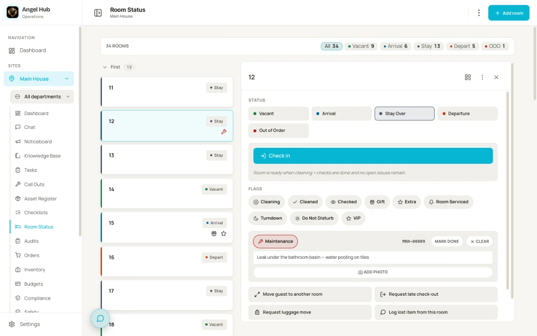 The room status board — 34 rooms with live vacant, arrival, stay, departure and out-of-order counts, and room 12 open showing its maintenance flag: leak under the bathroom basin, water pooling on tiles