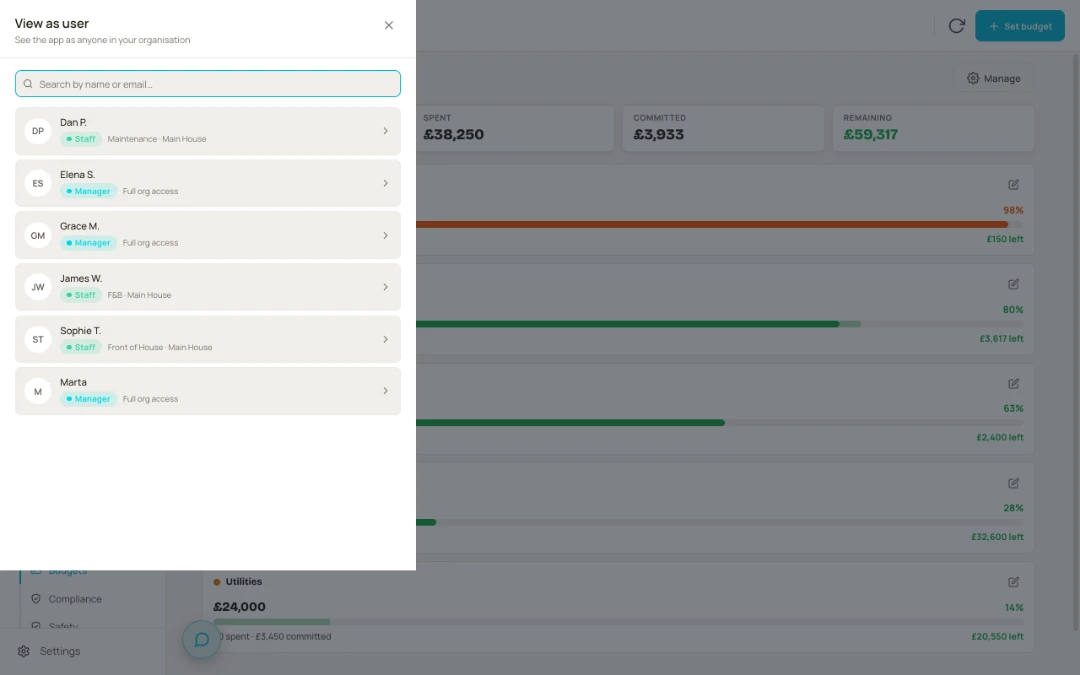 The View as user picker — see the app as anyone in your organisation, each person listed with their role and access before you open their exact view